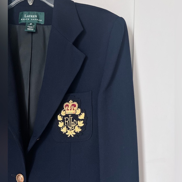 Lauren Ralph Lauren Navy Blue Preppy Academia Gold Logo Crest Wool Blazer sz 10 - Picture 8 of 12